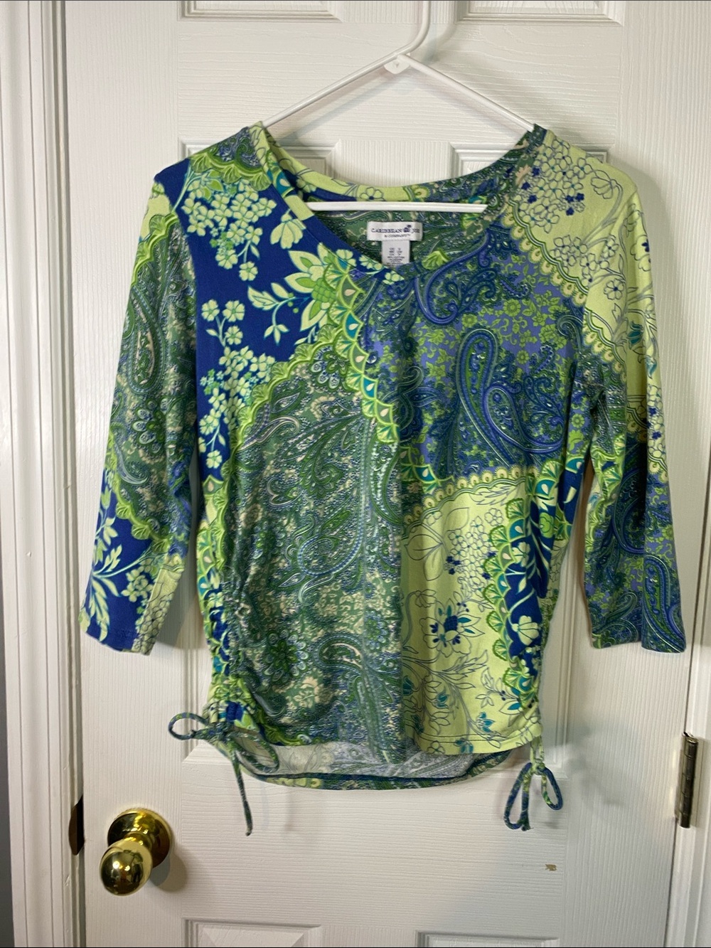 Caribbean Joe Blue Green Paisley Drawstring Long Sleeve Top Size Small.